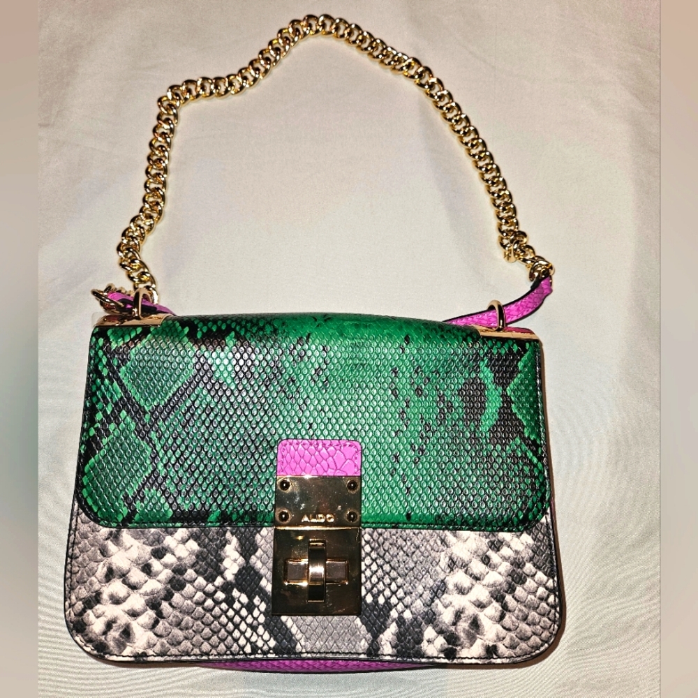 Aldo Pink and Green Snake Print Bag